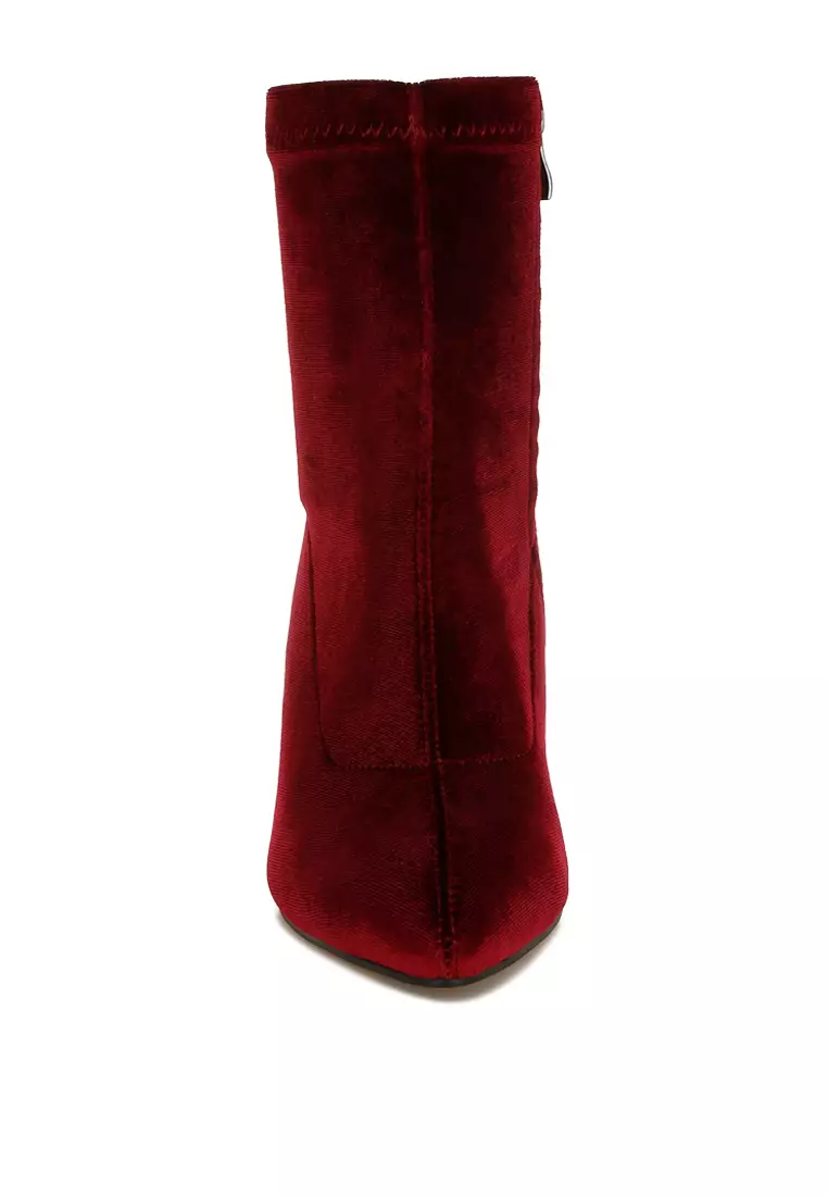 Burgundy Flared Block Heel Velvet Boots
