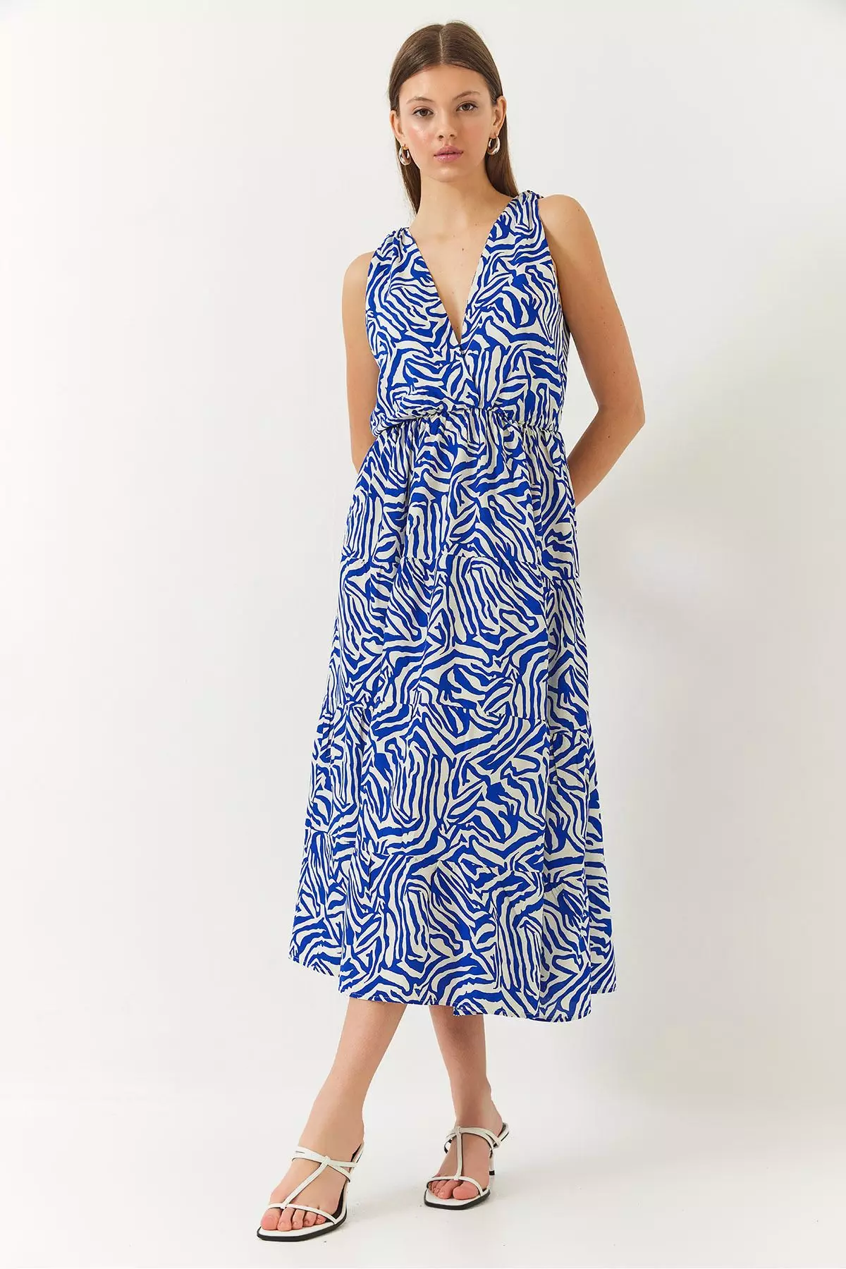 Women's Double Breasted Neckline Elastic Waist Back Rope Tie Print Dress 60261428