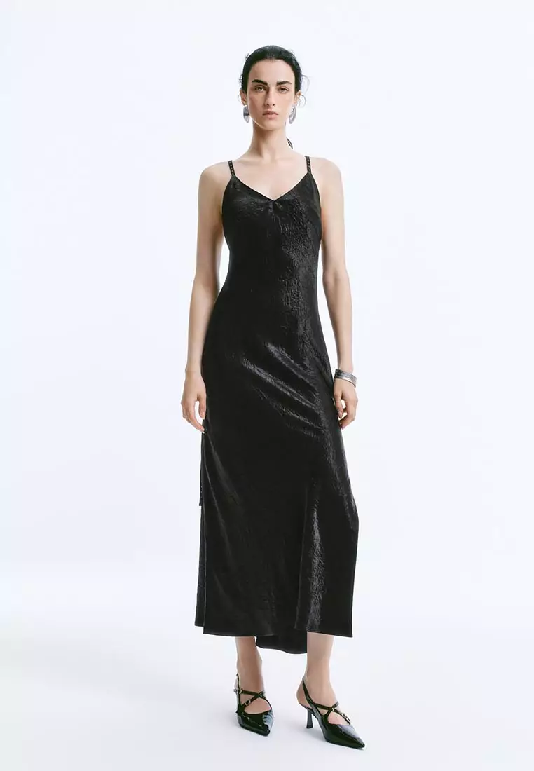 Cross Back Textured Satin Maxi Dress