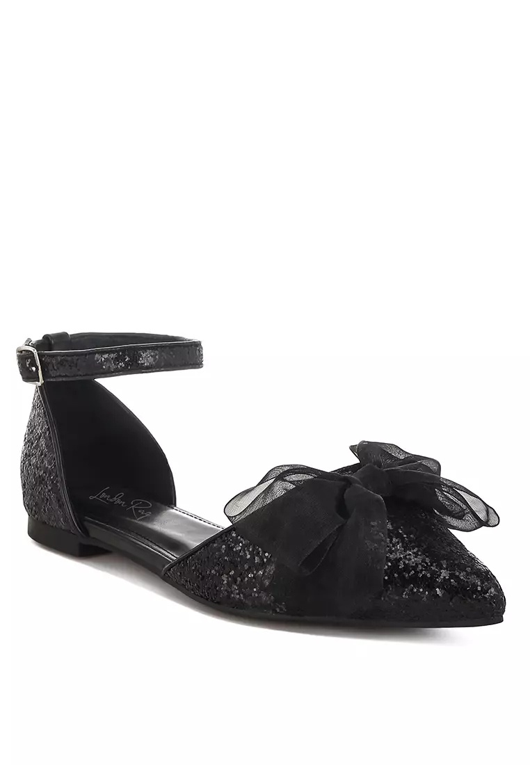 Sandal Datar Glitter Berdetail Pita Tipis Warna Hitam