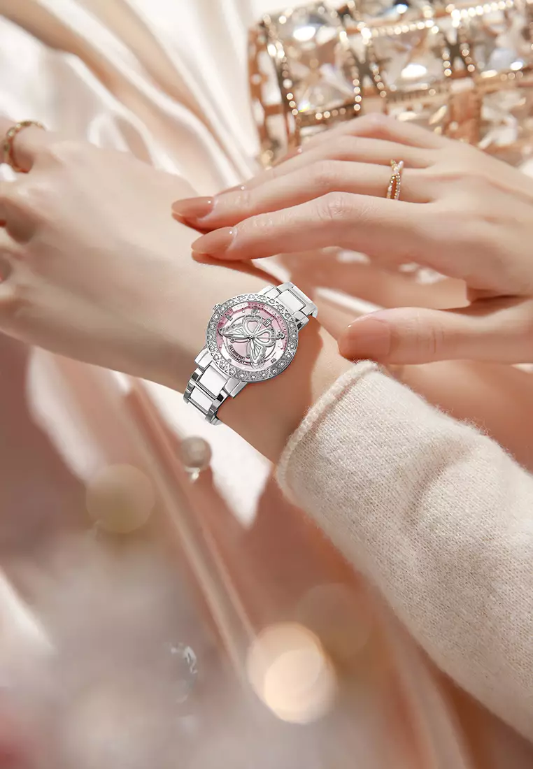 Jam Tangan Wanita Desain Kupu-Kupu Berlian Kristal Kalender Tali Stainless Steel Ceramic Anti Air Warna silverpink