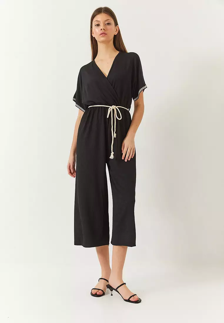 Women's Double Breasted Collar Sleeve Detail Elastic Waist Belted Crinkle Jumpsuit 60261418