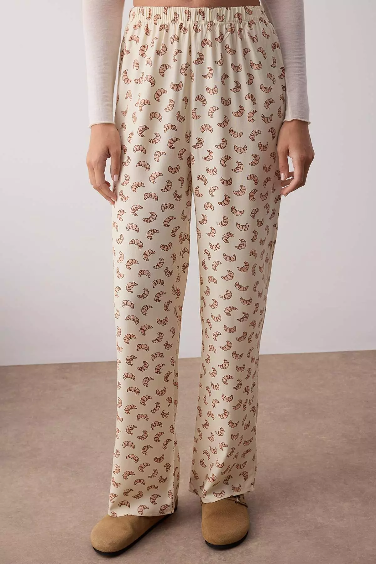 Beige-Multicolored 2-Pack Croissant Patterned Viscose Woven Pajama Bottoms