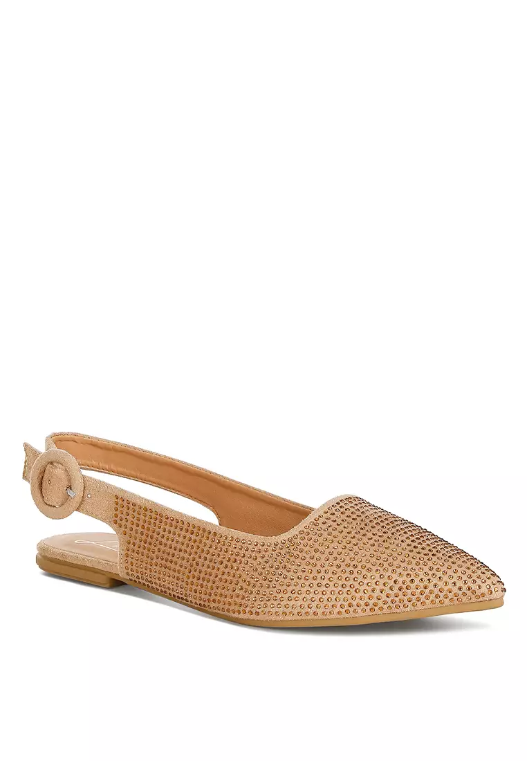 Beige Rhinestones Slingback Mules