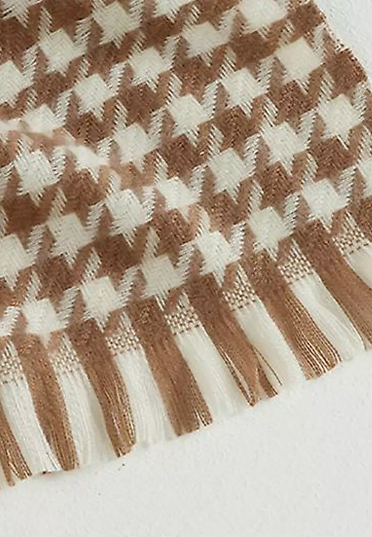 Houndstooth Cashmere Shawl Syal Wanita Khaki