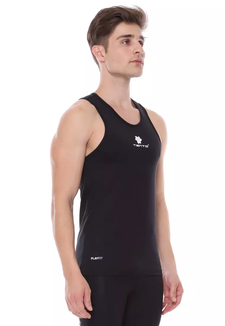 Tiento Man Baselayer Singlet Black White Sport Pria Olahraga Renang Senam Zumba Yoga Lari Running Jogging Gym Fitness