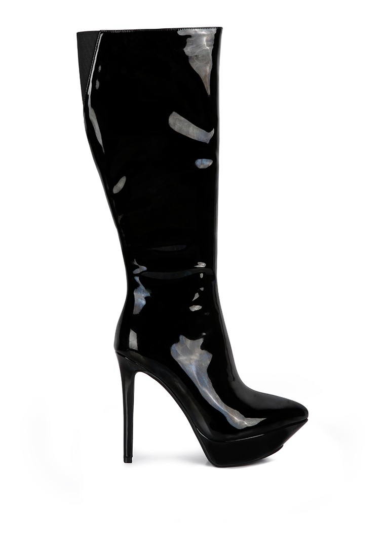 Black Patent Stiletto Heeled Knee high Boots