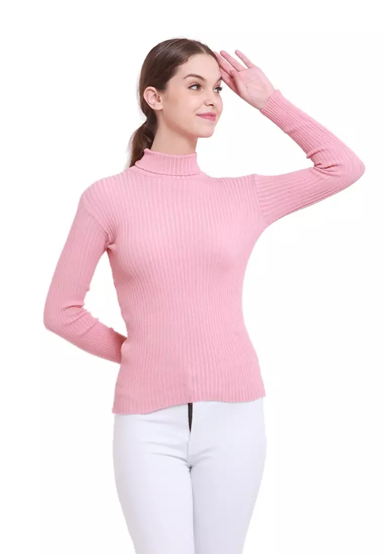 Misel Sweater Rajut Turtle Neck Long Sleeves Atasan Ribbed Wanita - Dusty Pink