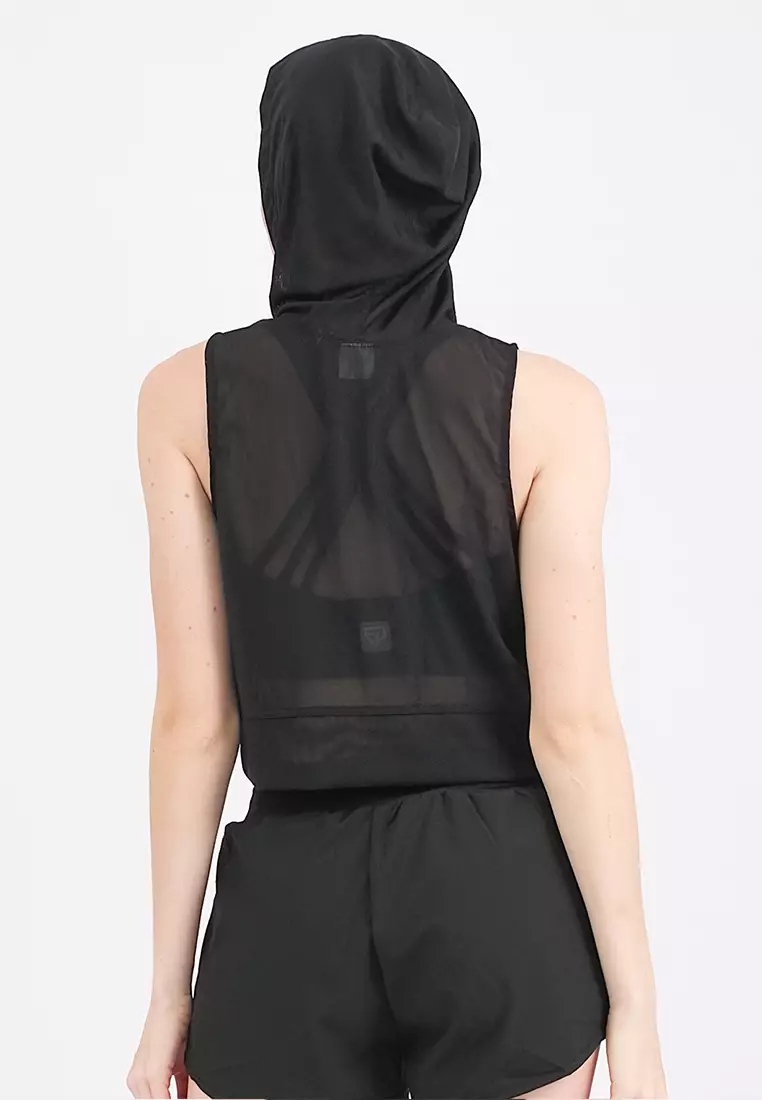 Fitwear - Tanktop Crop Jaring / Mesh / Sheer Olahraga MINDY HOODIE BN -  BLACK