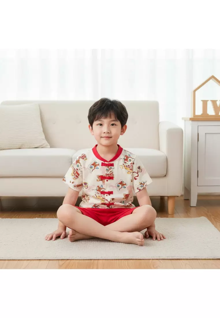 現貨 新加坡農曆新年白色醒獅主題嬰幼兒男孩唐裝上衣配短褲套裝