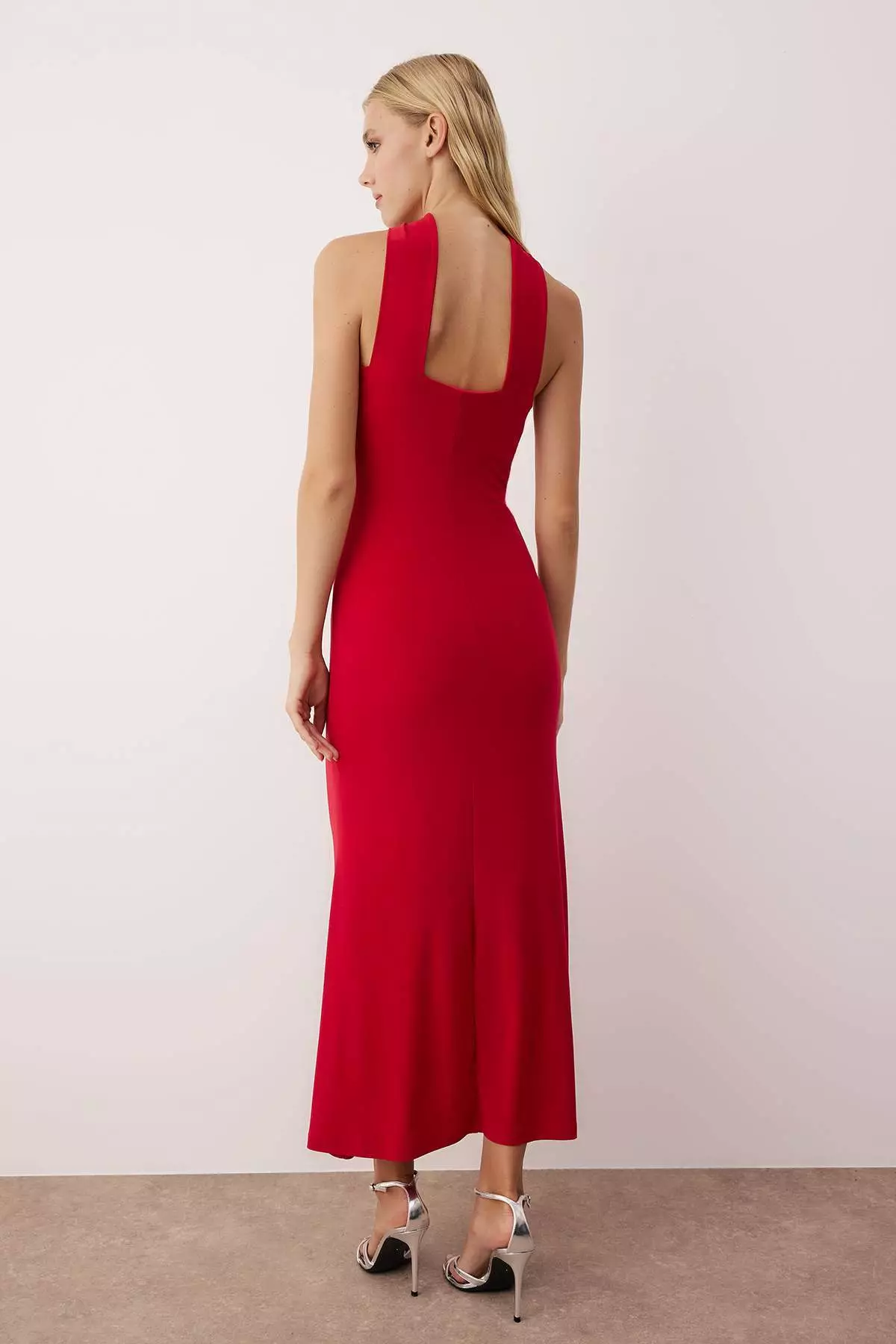 Red Plain Knit Sandy Maxi Unlined Cocktail Dress