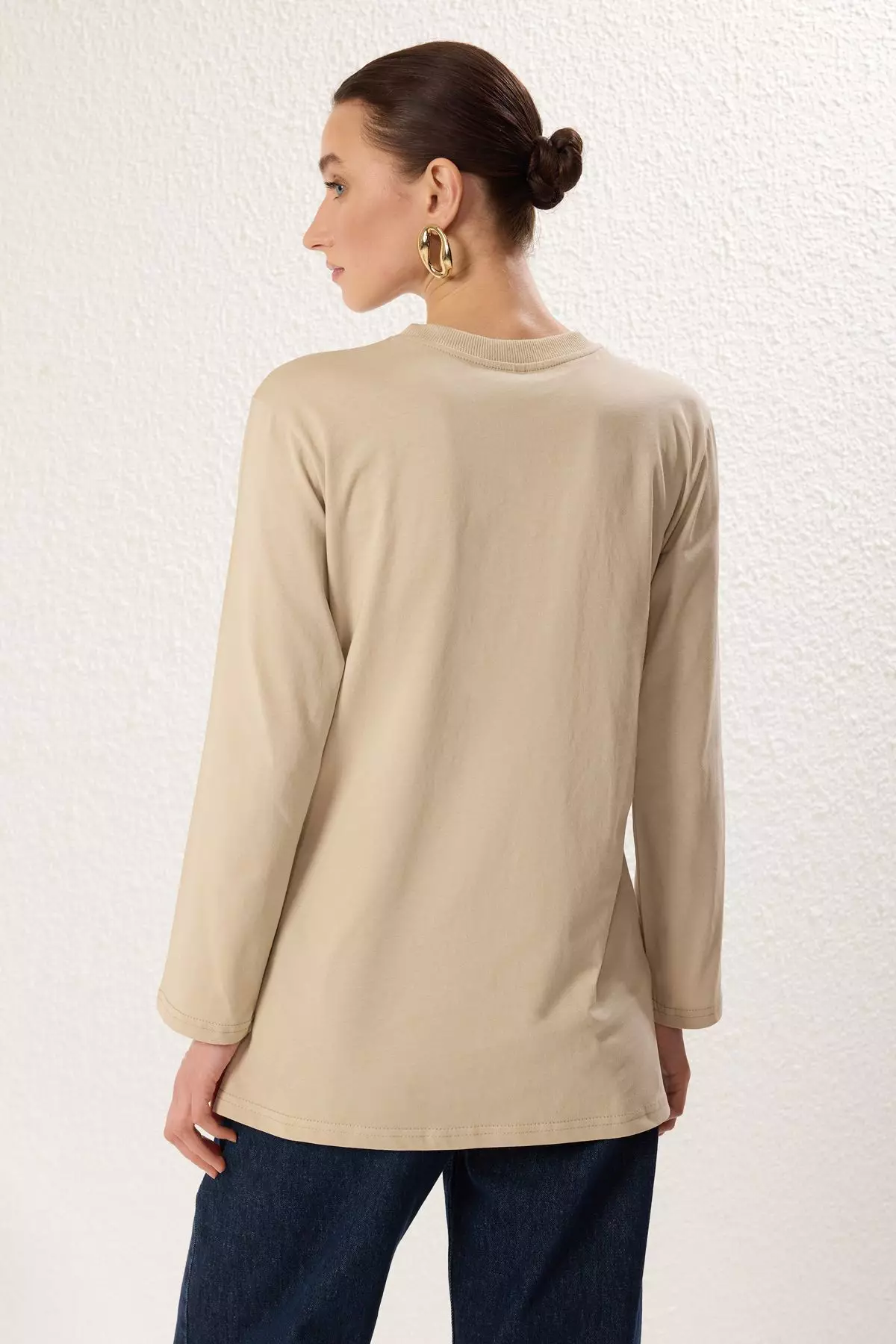 Tan Beige Long Sleeve Slit Detailed Knitted T-Shirt TCTSS25RT00000