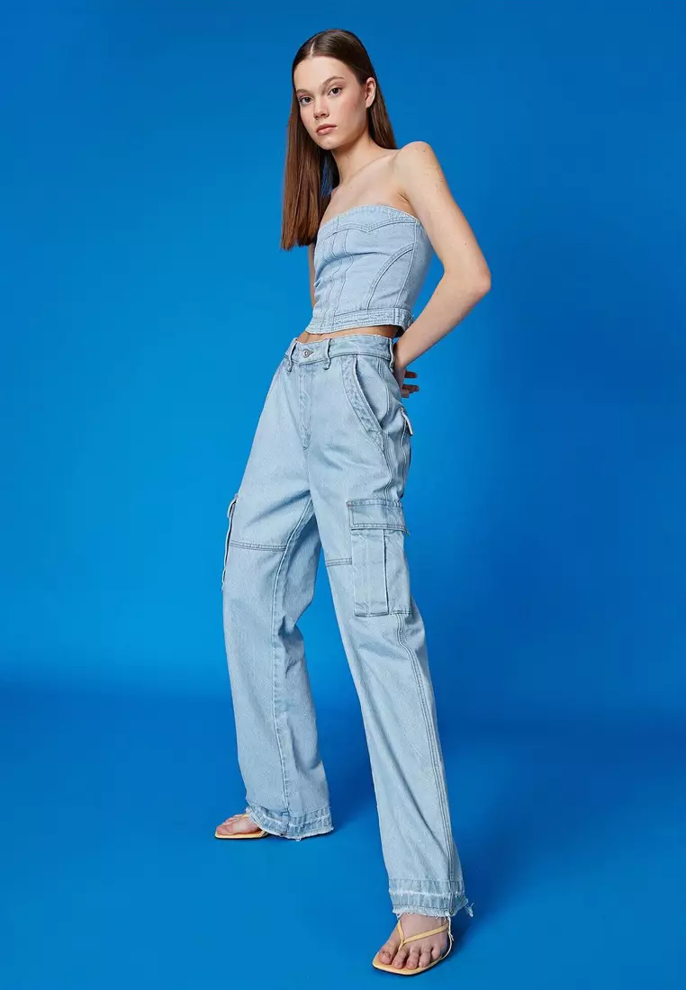 PixieGirl Petite cargo wide leg trousers in black