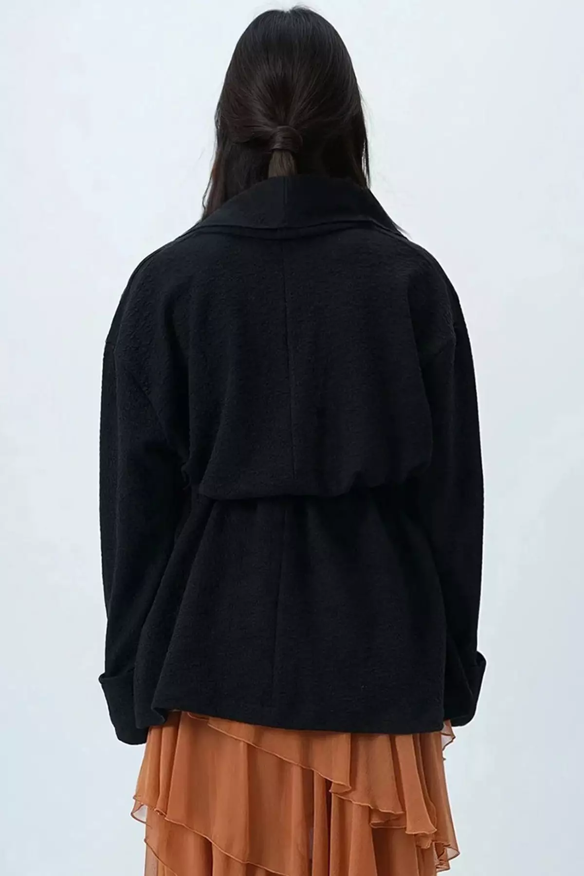 Women's Black Shawl Collar Self-Textured Belted Long Jacket Alc-X14481