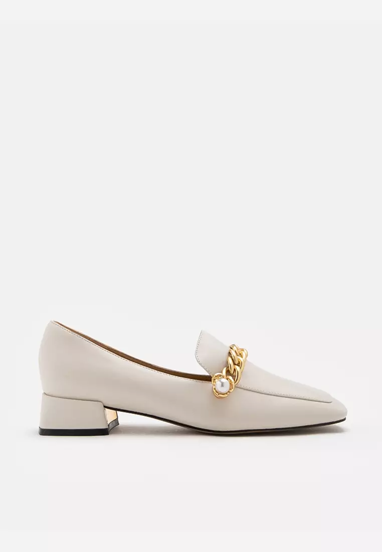 Discount on Pazzion  shoes - SKU: Maisie Pearl Embellished Chain Loafer Heels Beige