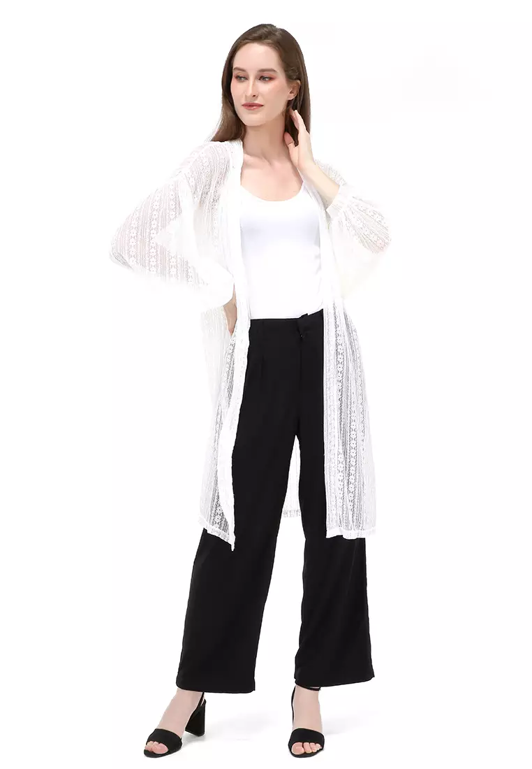 Shevia Cardigan Long Sleeves Wanita Design Elegant Atasan - White