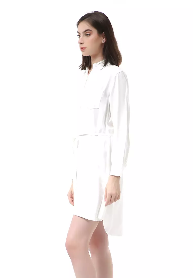 Rachel Dress Wanita Model Kemeja Full Kancing Long Sleeve Material Twill Rayon ORIGINAL - White