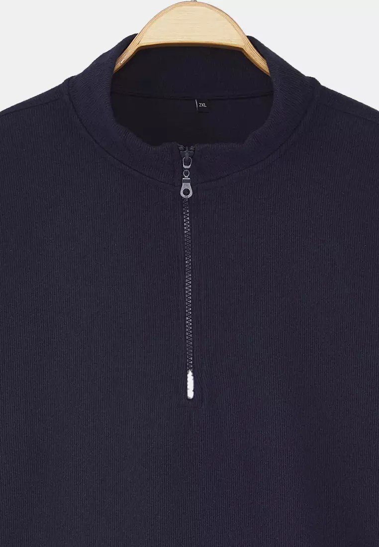 Navy Blue Selanik/Knitwear Look Zippered Collar Regular/Normal Pattern Knitted Sweatshirt