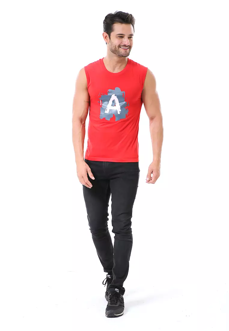 Bobby Atasan Kasual Pria Singlet Motif Huruf A Atasan Tanpa Lengan Material Cotton ORIGINAL - Red