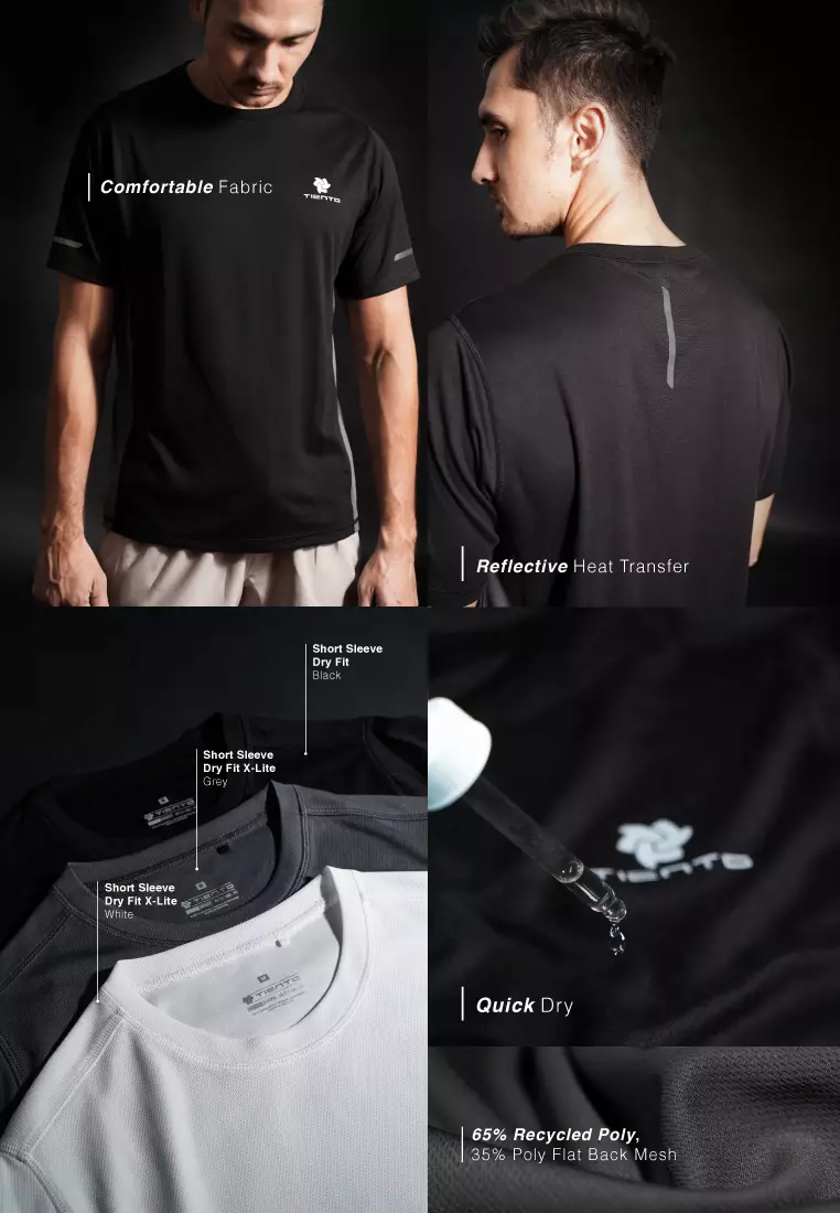 Tiento Setelan Olahraga Kaos Lari Dry Fit Short Sleeve Xlite Grey Lengan Pendek Baju Running Celana Panjang Training Gym Fitness Sport Extra Lite Black