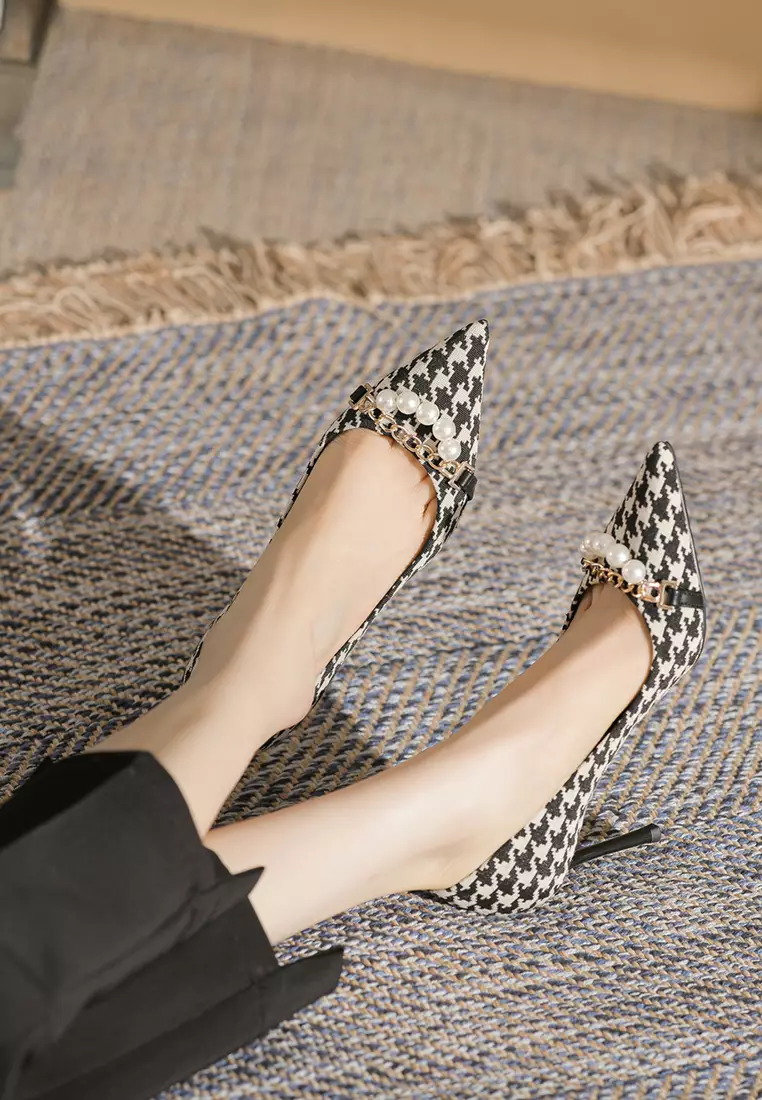 8.5CM Pearl Chain Pointy Plaid Pumps TE7198-7