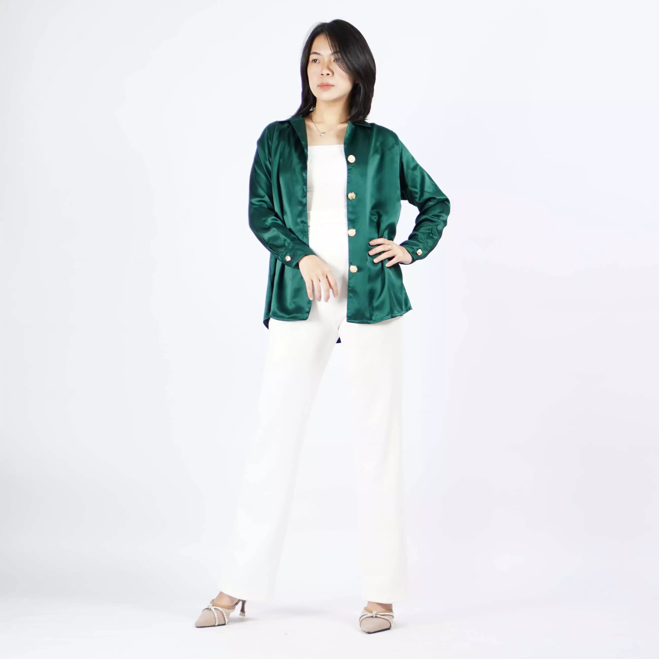 Kemeja Satin VICTORIA Kemeja Wanita Gaya Korea - Hijau