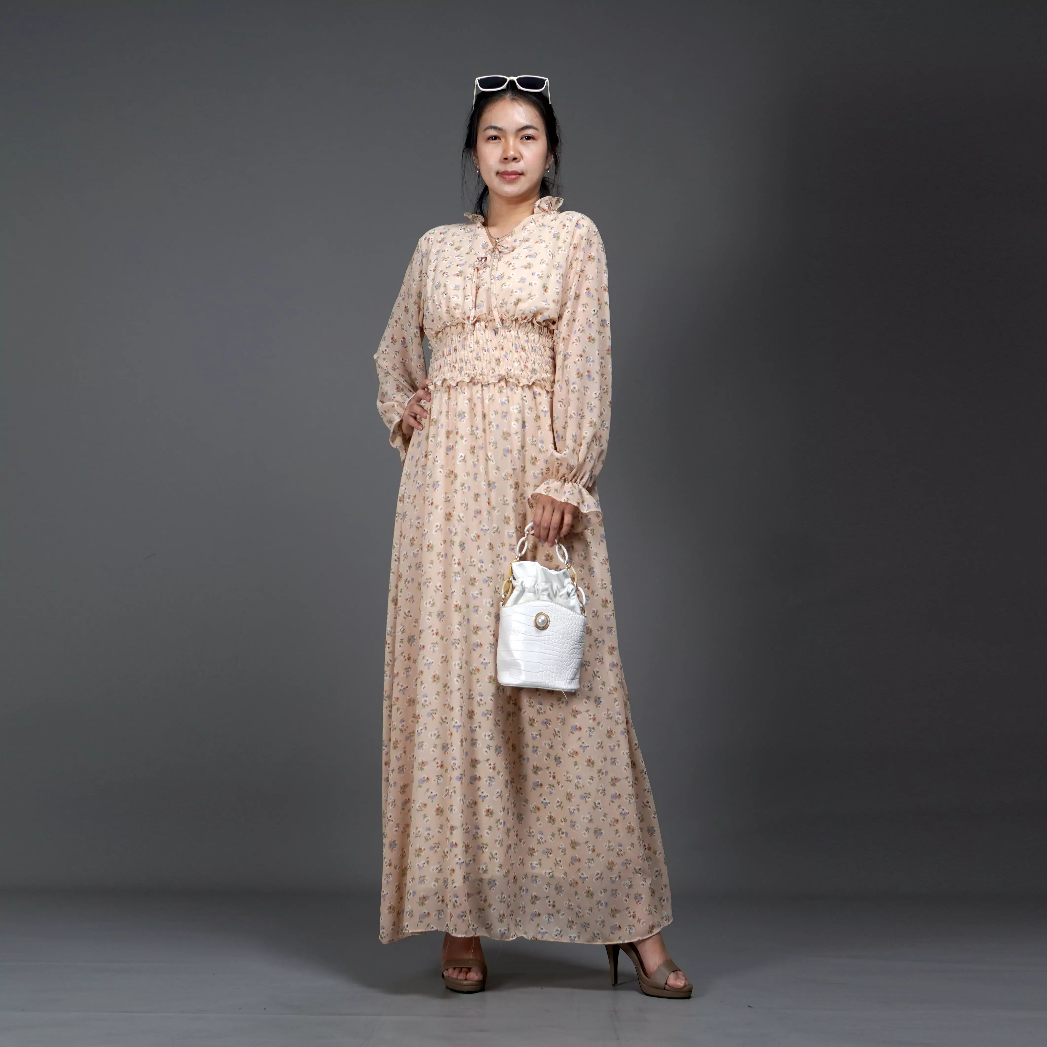  Dress SHALMA Long Dress Sifon Gaun Panjang Gaya Korea - Krem