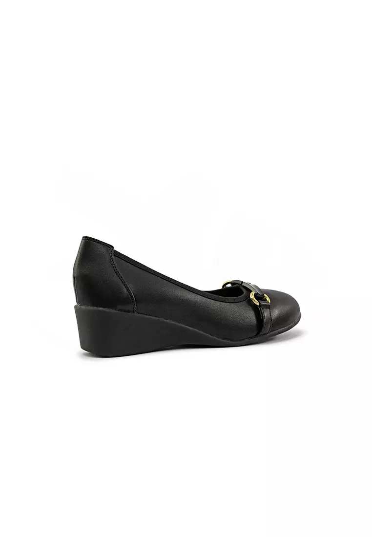 Women's LZ 29681 C94 Black wedge heel School Shoes with gold buckle detail.
