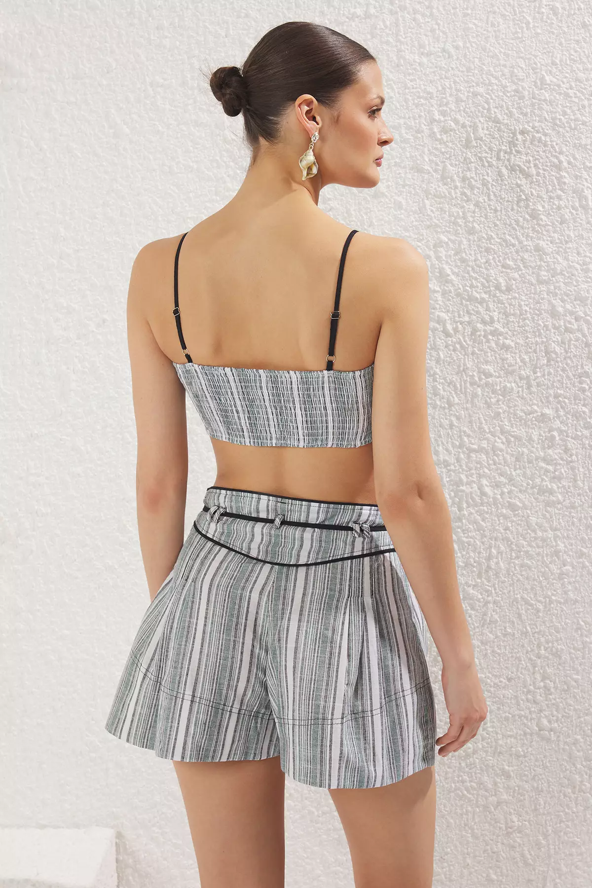 Striped Piping Detail Woven Blouse Shorts Beach Set