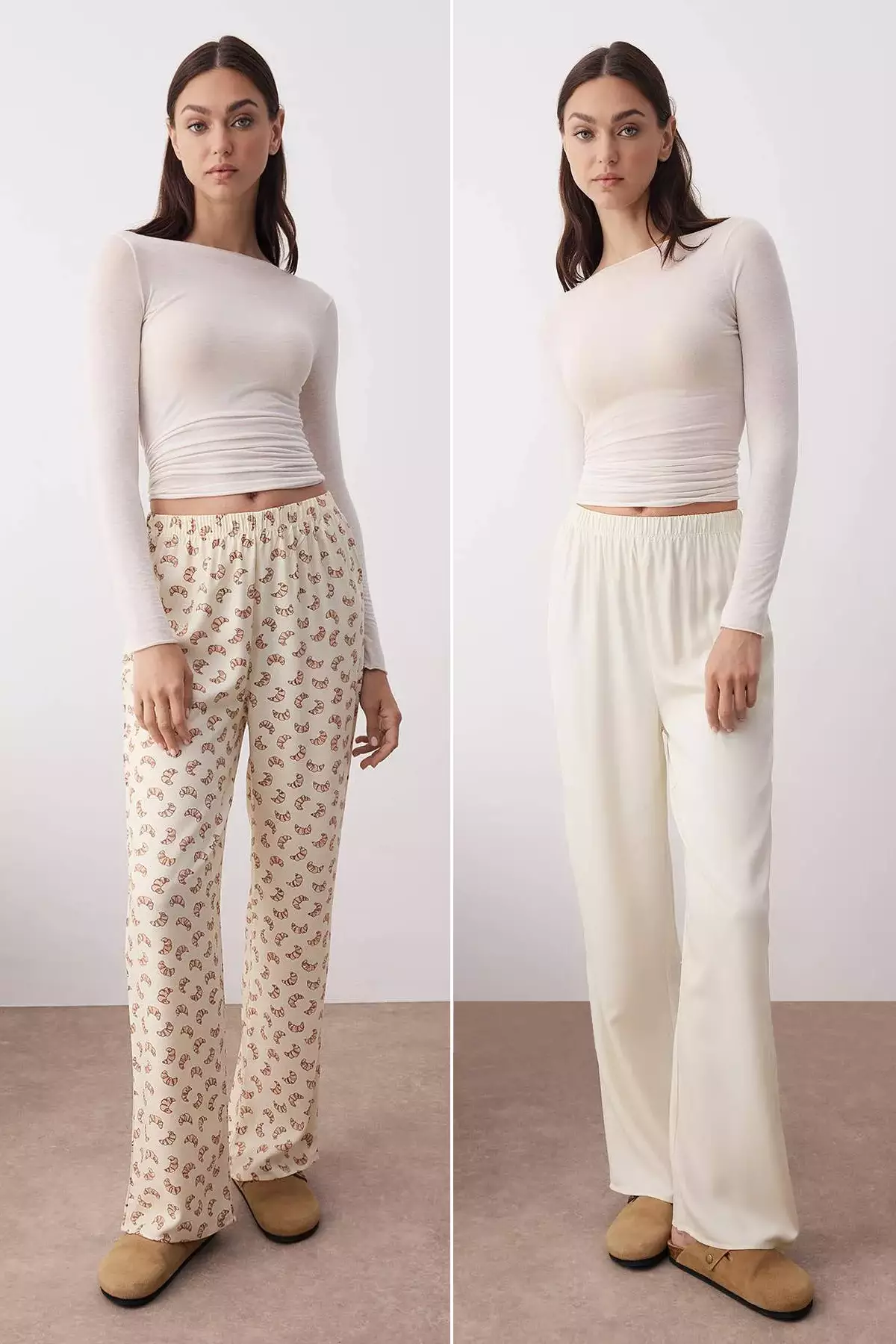 Beige-Multicolored 2-Pack Croissant Patterned Viscose Woven Pajama Bottoms