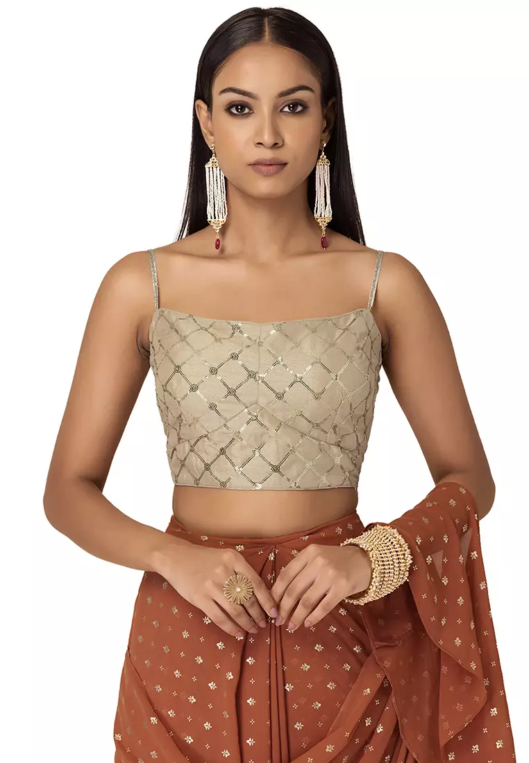 Buy Indya Beige Sequin Embroidered Strappy Blouse 2024 Online