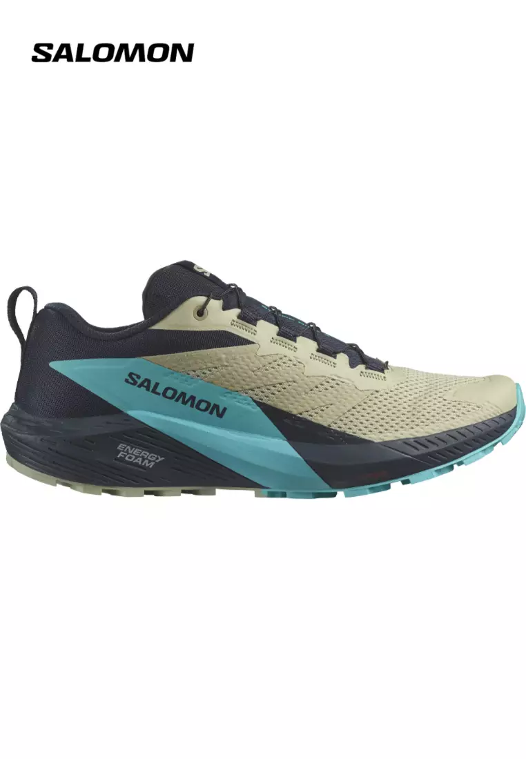 Discount on Salomon  shoes - SKU: SENSE RIDE 5 Men Trail Running Shoes in Alfalfa / Carbon / Peacock Blue