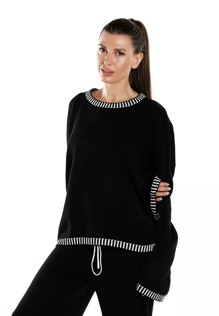 Contrast Stitch Detail Knit Sweater Jumper in Monochrome
