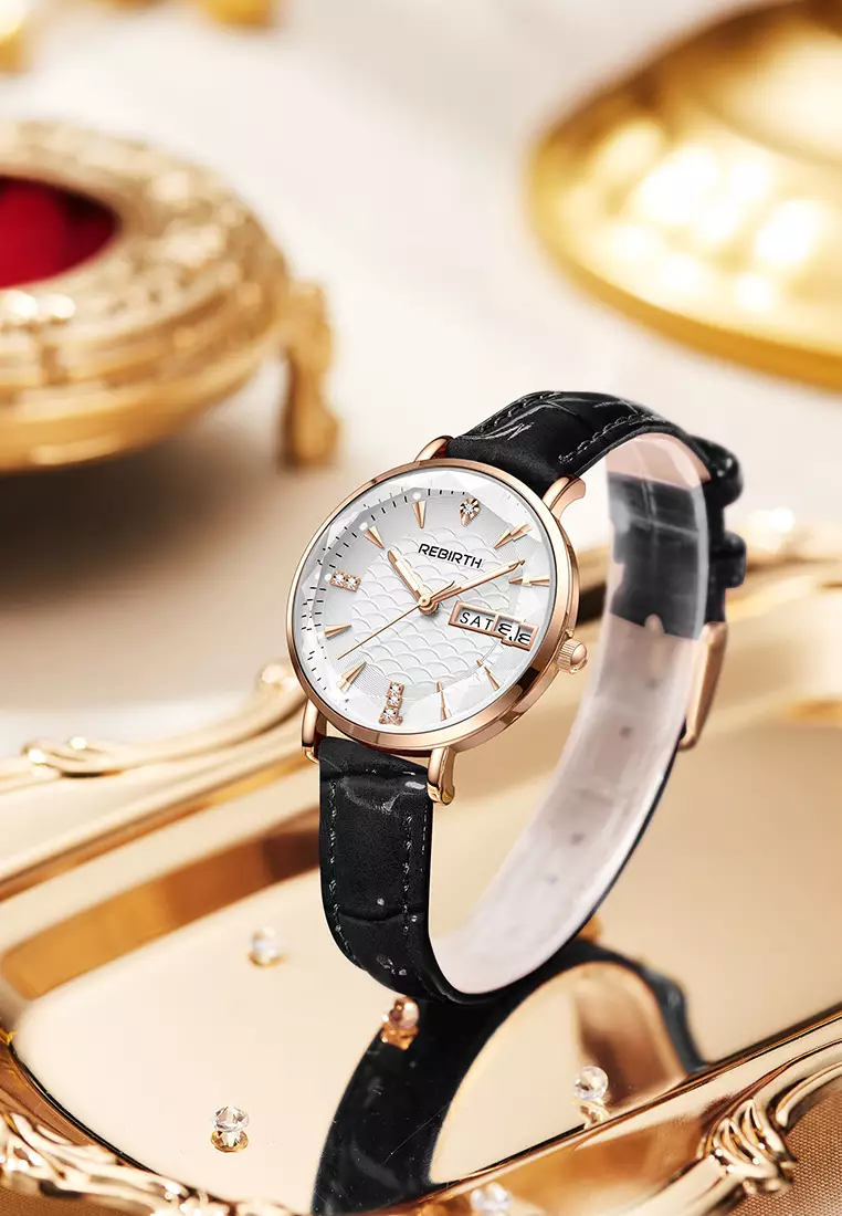 Jam Tangan Wanita Tahan Air Tali Kulit Jam Wanita Kuarsa Santai Mode Jam Tangan Cewek blackwhite