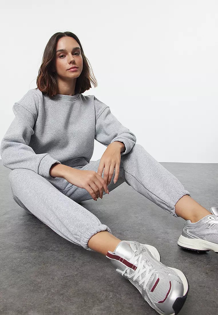 Gray Melange Regular/Normal Pattern Basic Thick Inside Fleece Knitted Tracksuit