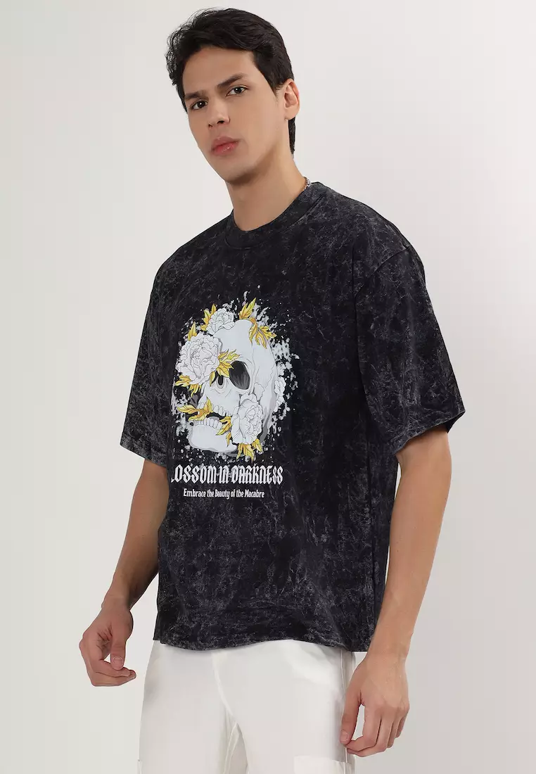 暗夜之花 黑色图案宽松短袖棉质T恤/T恤，男女通用运动服