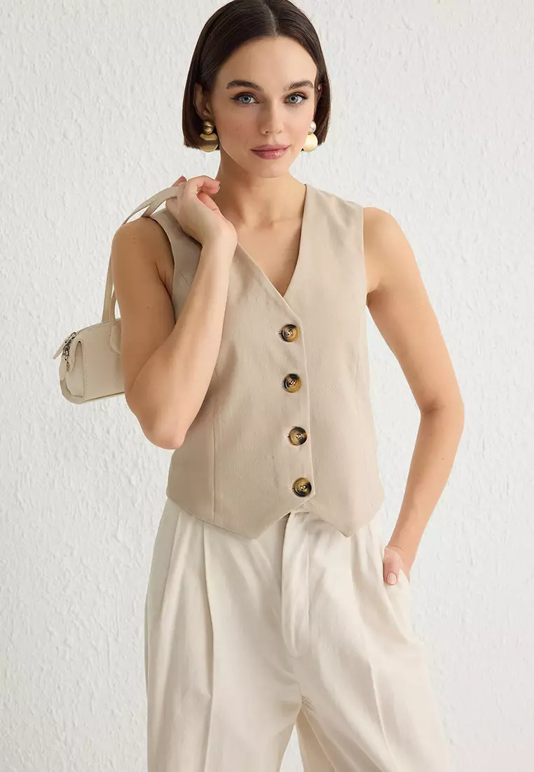 Beige Fitted Buttoned Crop Woven Vest