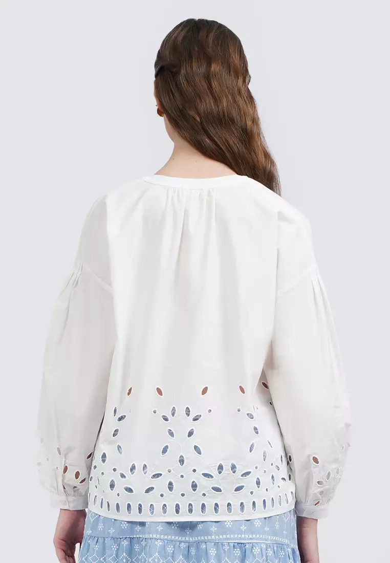 Round Neck Puff Sleeves Eyelet Blouse OFF WHITE
