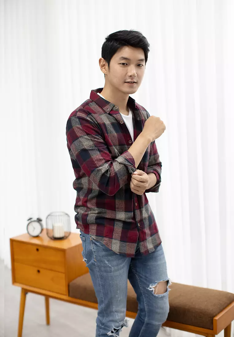 Kemeja Flannel tangan panjang cotton oxcon Maroon Navy