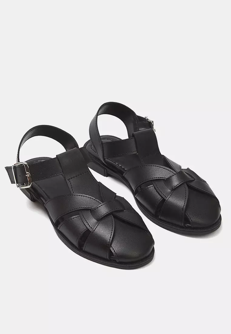Black Flat Sole Round Toe Women's Closed Front Cage Sandals Takss25Sd00060