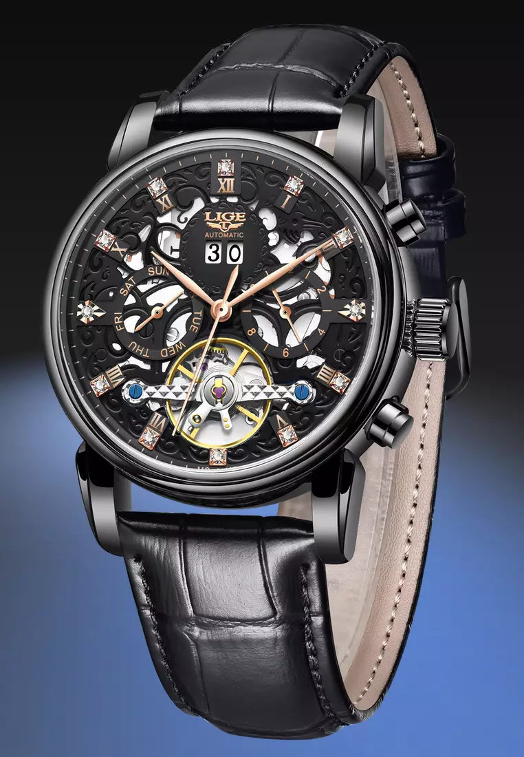 Unisex AUTOMATIC IP Black Stainless Steel Watch 42mm, Black Leather Strap