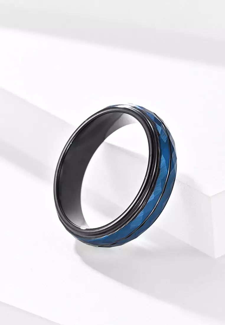 Rhombus Surface Blue And Black Matching Tungsten Steel Ring JW QF-007