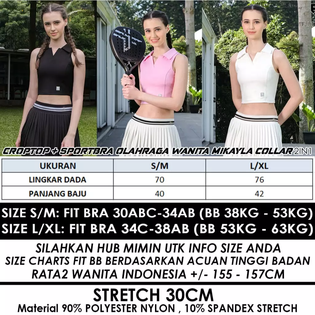 Fitwear Croptop + Sportbra Olahraga Padel Wanita MIKAYLA COLLAR 2in1 - BLACK