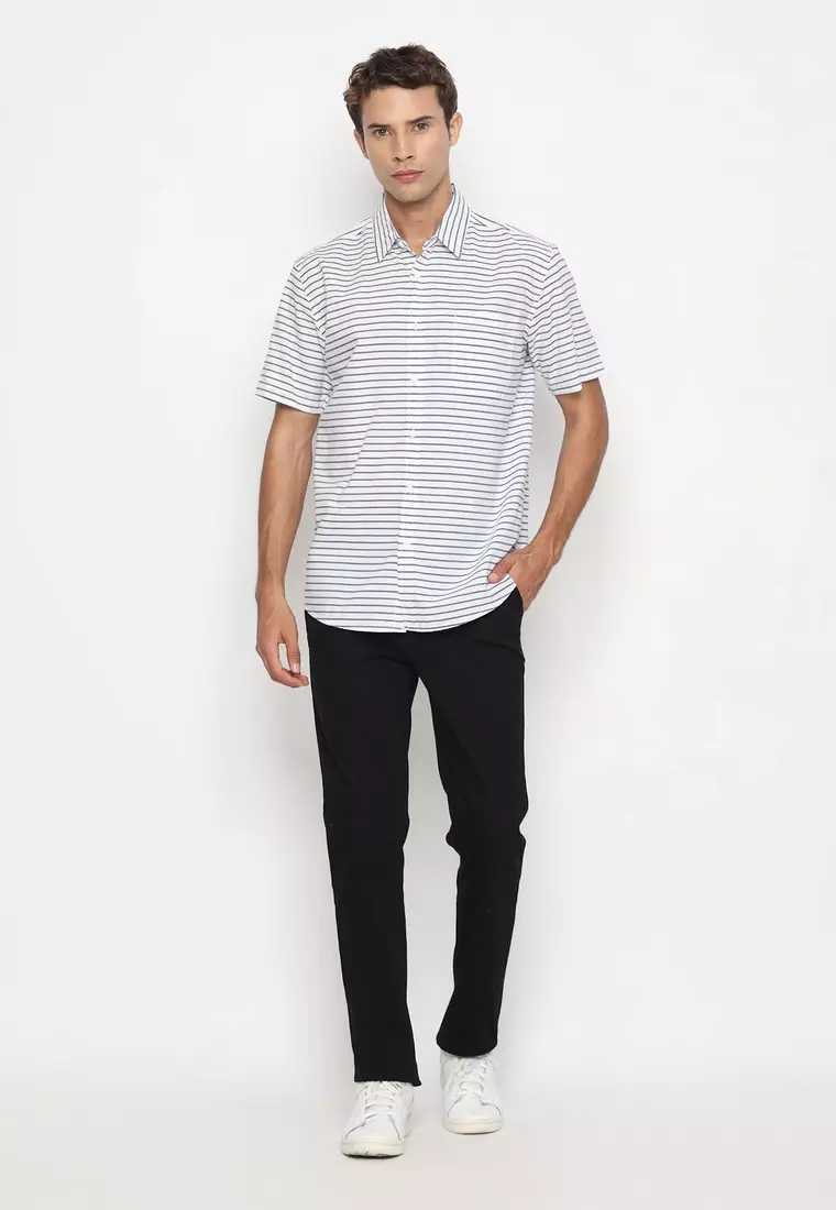 RBJ Kemeja Salur Printing Putih Regular Fit Pria