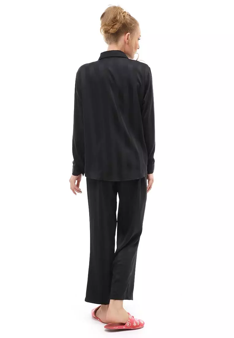 Vance Pajamas Salur Setelan Baju Tidur Wanita Lengan Panjang Material Cotton Silky ORIGINAL - Black