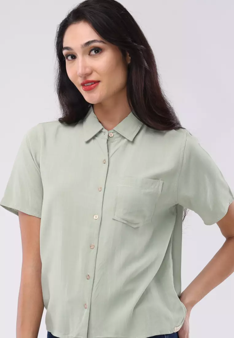 Plain Soft Linen Short Sleeves Collared Blouse