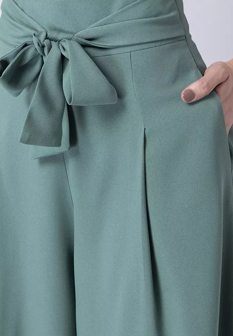 Green Belted High Waist Flared Trousers