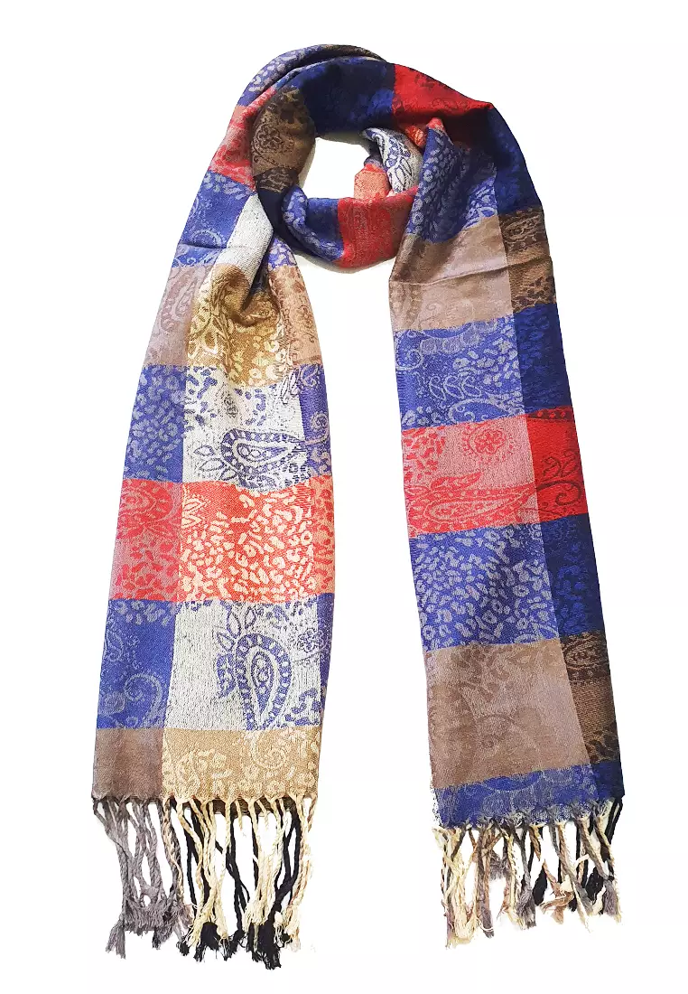 Paisley Checkered Pashmina Red & Navy
