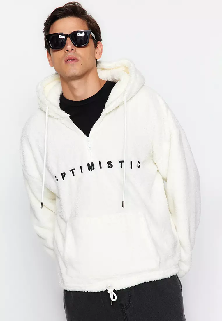 Buy Trendyol Ecru Men's Oversize Half-Zip Hooded Plush Sweatshirt with  Drawcord Detail. Online