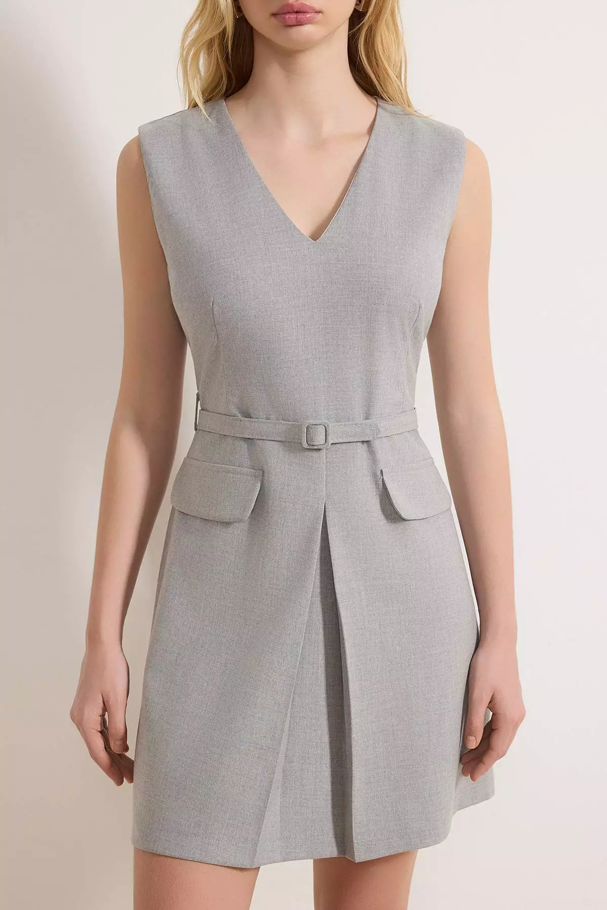 Gray Belted Short / Mini Woven Dress Twoss26El124